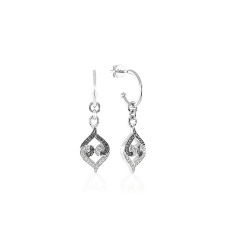 Sterling Silver White & Black Diamond Hoop Dangle Earrings