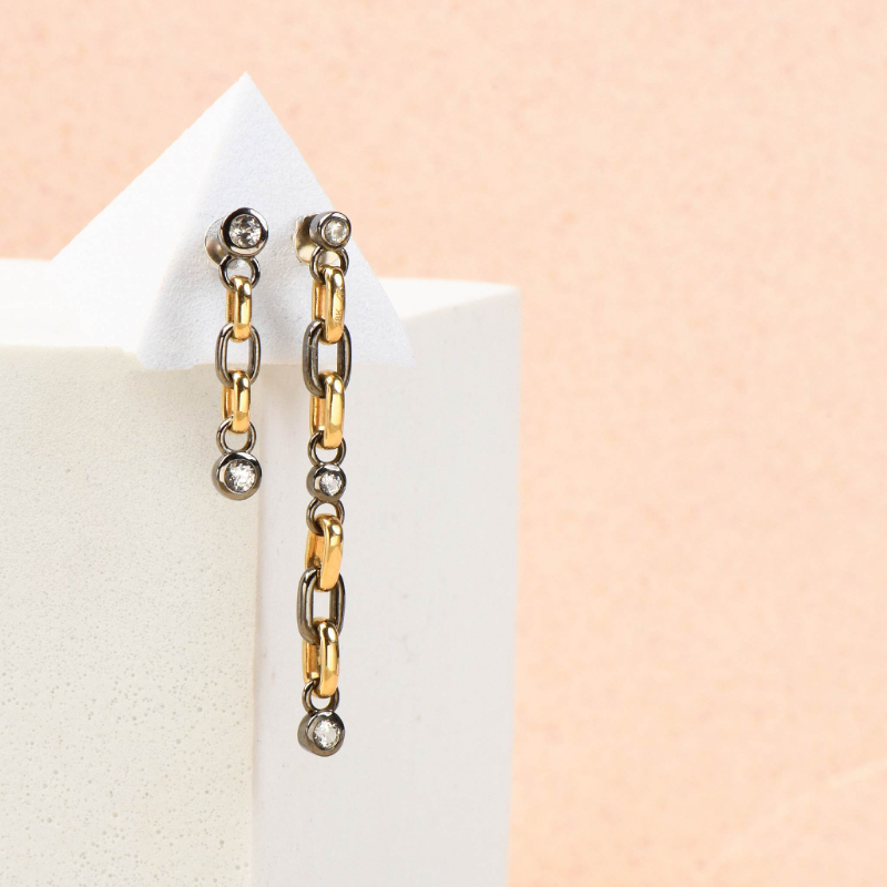 14K Solid Gold and Black Silver White Sapphire Long Line Earrings