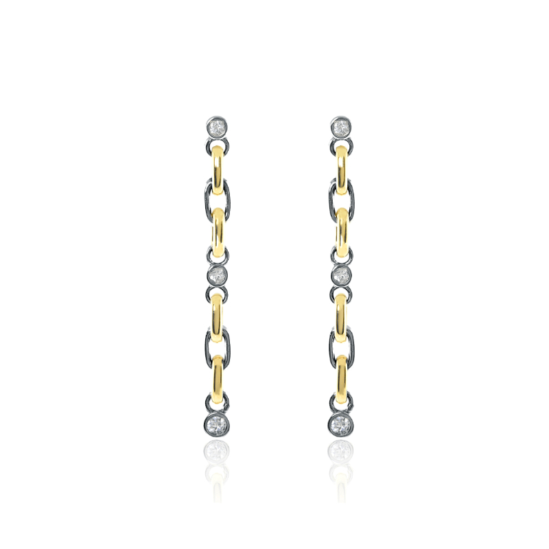 14K Solid Gold and Black Silver White Sapphire Long Line Earrings