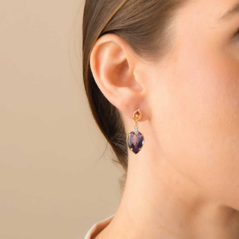 18K Solid Gold Natural White Diamond Amethyst Earrings