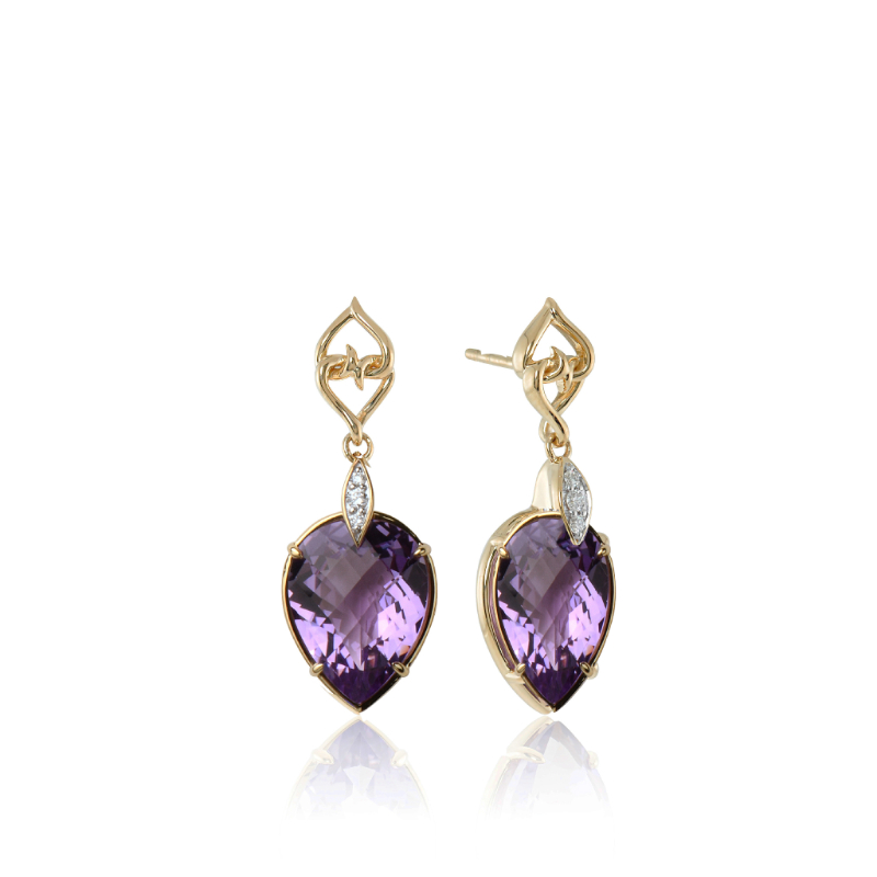 18K Solid Gold Natural White Diamond Amethyst Earrings
