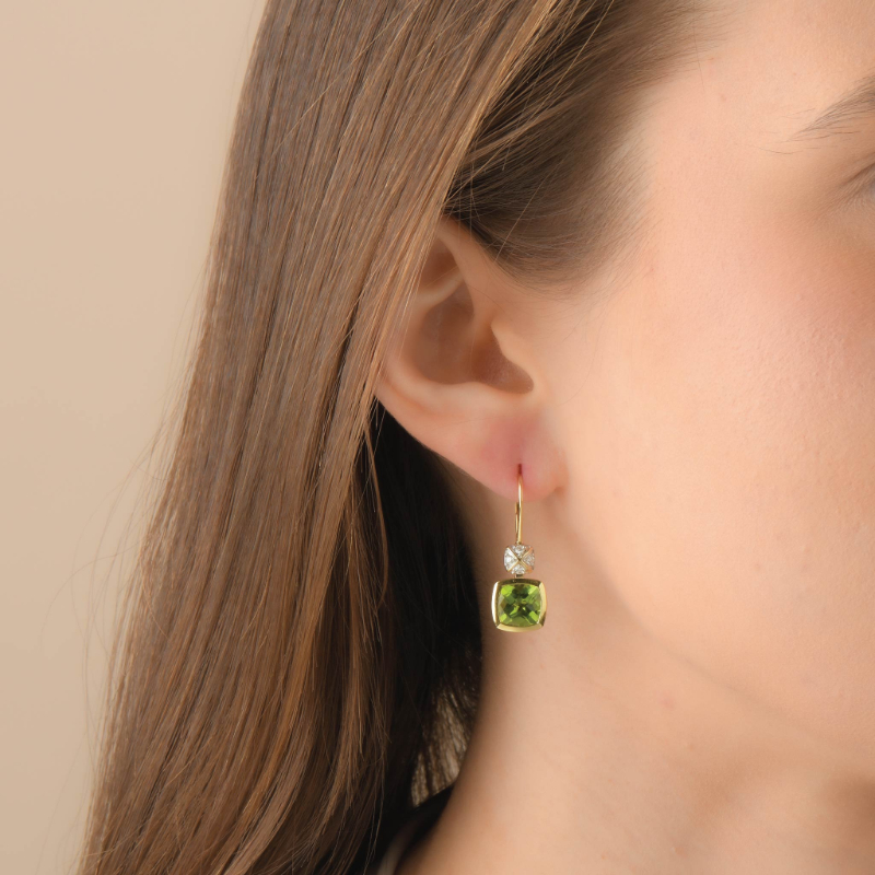18K Solid Gold Natural White Diamond Peridot Dangle Earrings