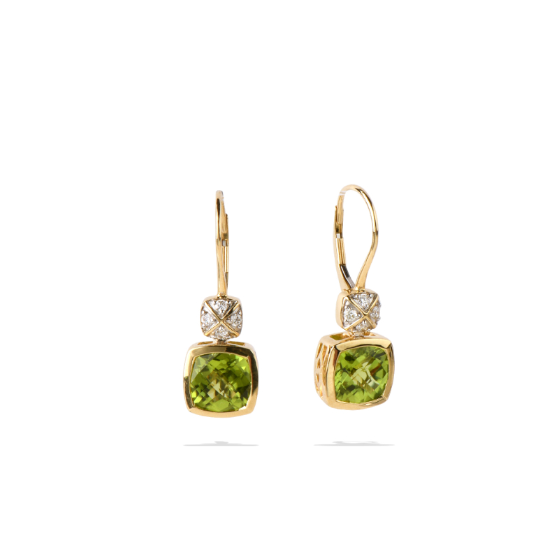 18K Solid Gold Natural White Diamond Peridot Dangle Earrings