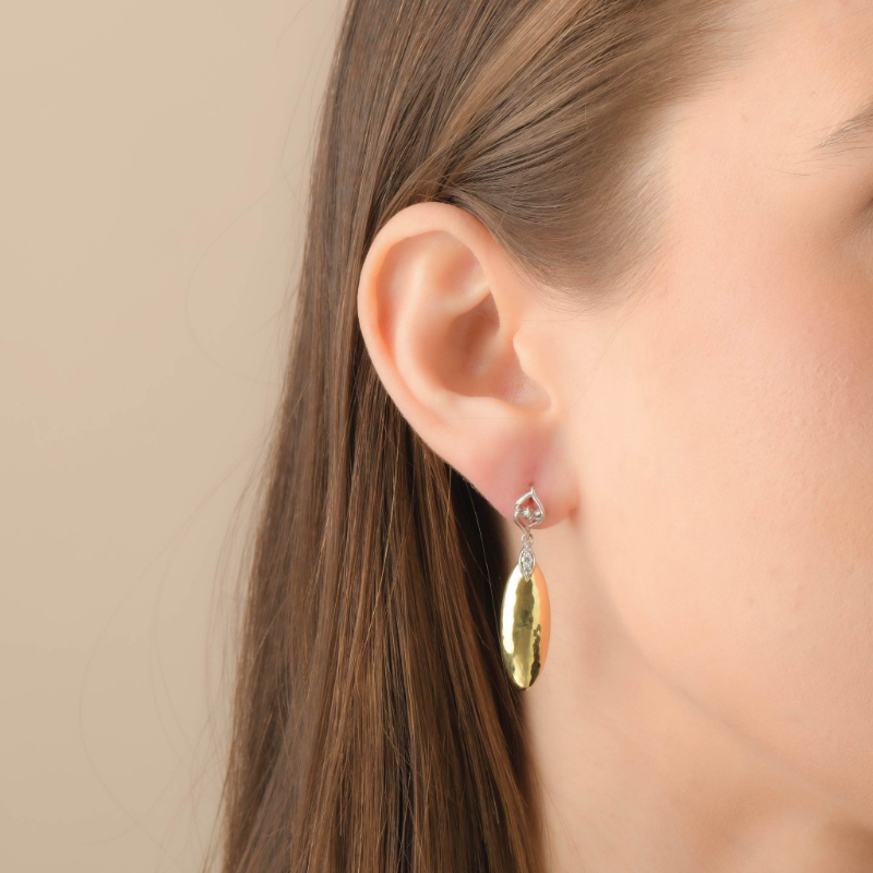 18K Solid Gold Sterling Silver White Sapphire Hammered Earrings