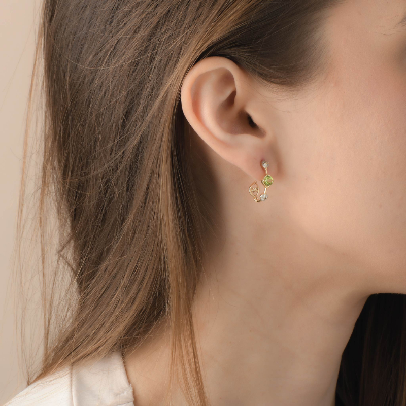 18K Solid Gold Natural White Diamond Peridot Small Hoop Earrings