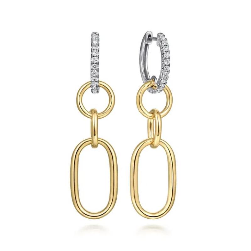 GABRIEL & CO 14K WHITE AND YELLOW GOLD DIAMOND HOLLOW TUBE HUGGIE DROP EARRINGS. CONTEMPORARY COLLECTION EARRINGS SI DIA-0.34