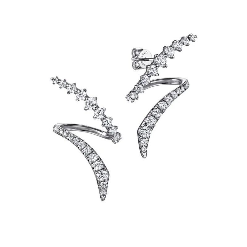 KASLIQUE GRADUATING DIAMOND BYPASS STUD EARRINGS IN 14K WHITE GOLD. CLARITY-SI