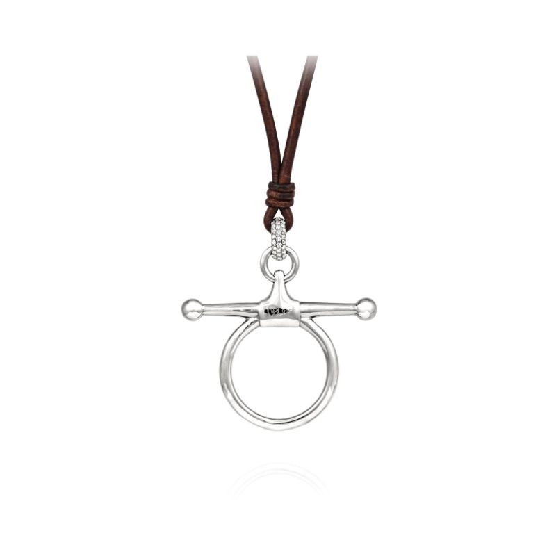 VINCENT PEACH STERLING SILVER FULL CHEEK BIT NECKLACE ON BROWN LEATHER