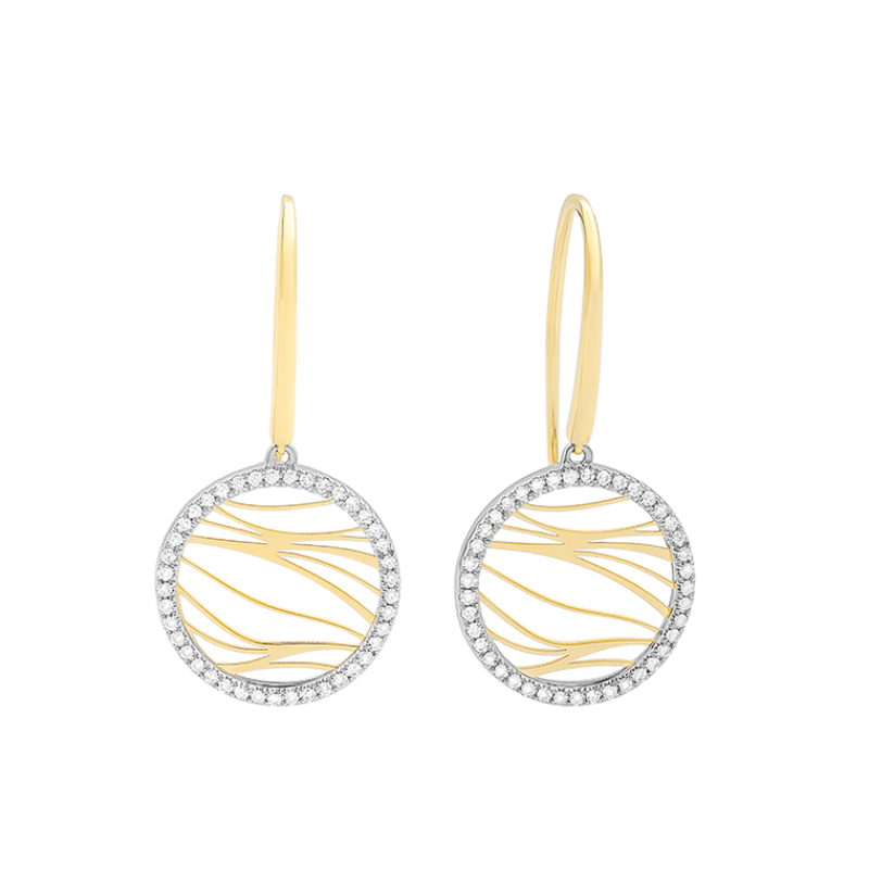 14K YELLOW GOLD ROUND WAVE DROP EARRINGS WITH .22CTTW ROUND SI CLARITY & GH COLOR DIAMONDS SET ON THE EDGE
