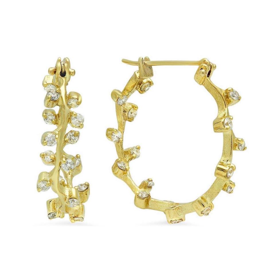 14kt Yellow Gold Florentine Textured Branch Diamond Hoops