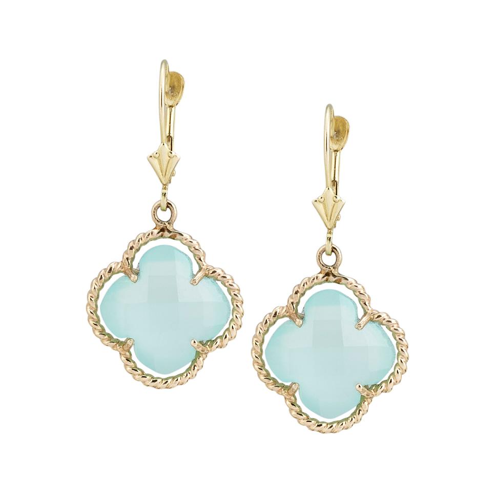 14kt Yellow Gold Blue Green Chalcedony Clover Earrings