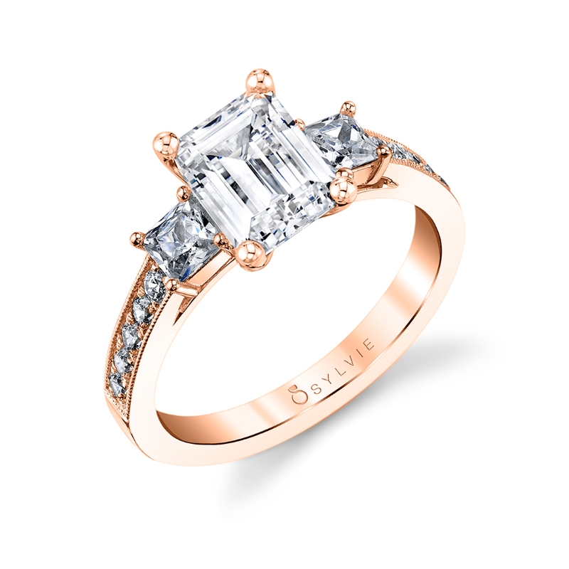 Emerald Cut Three Stone Engagement Ring With Princess Side Stones - Eva