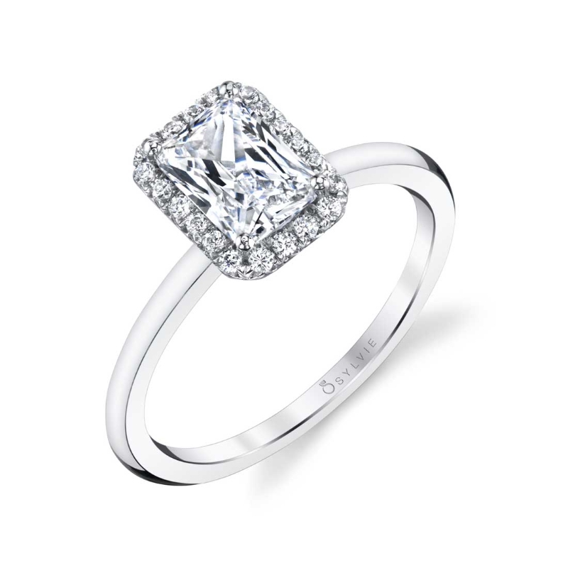 Emerald Cut Solitaire Halo Engagement Ring - Elsie