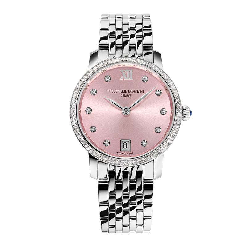 30mm Classic Slimline Ladies' Quartz  Watch with Pink Brass Dial, Date Display, and Diamond Bezel and Indices