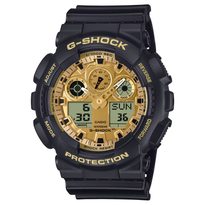 CASIO G-SHOCK ANALOGUE/DIGITAL GOLD TONE DIAL BLACK RESIN WATCH