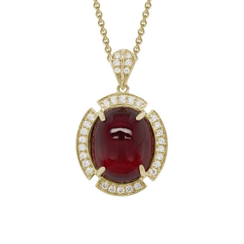 14K YELLOW GOLD 12X10MM (7.22CT )CABOCHON HESSONITE PENDANT WITH .17CTTW ROUND SI CLARITY & GH COLOR DIAMONDS SET IN THE HALO AND BAIL ON A 16+2