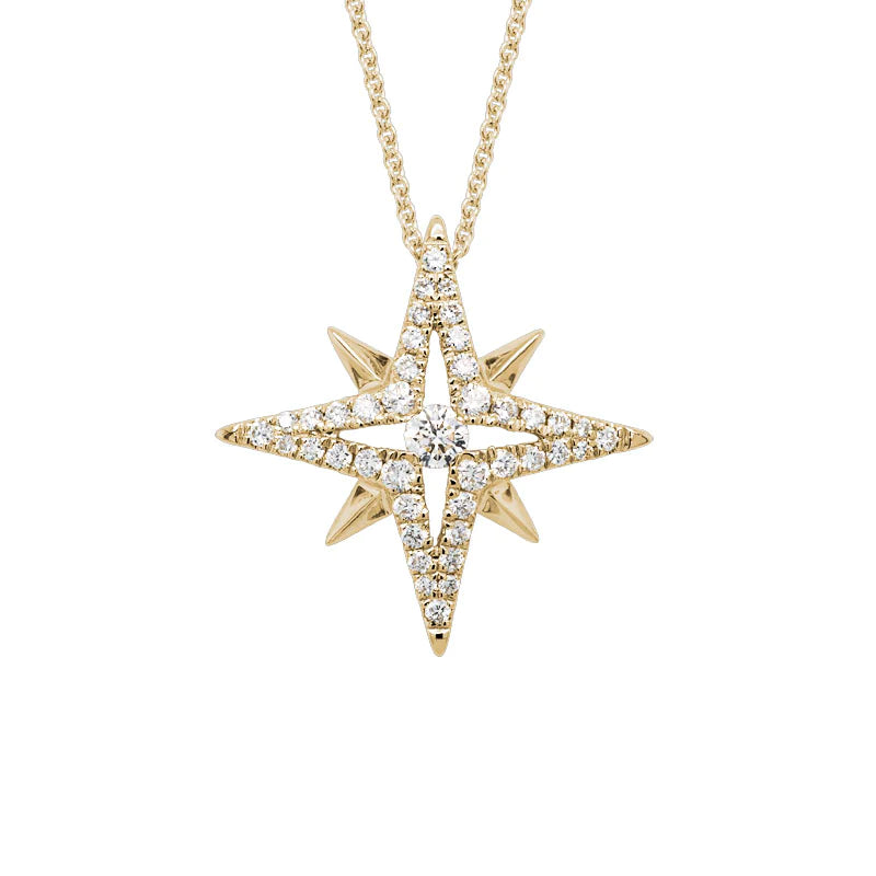 14K YELLOW GOLD NORTH STAR PENDANT WITH .35CTTW ROUND SI CLARITY & GH COLOR DIAMONDS ON A 16-18