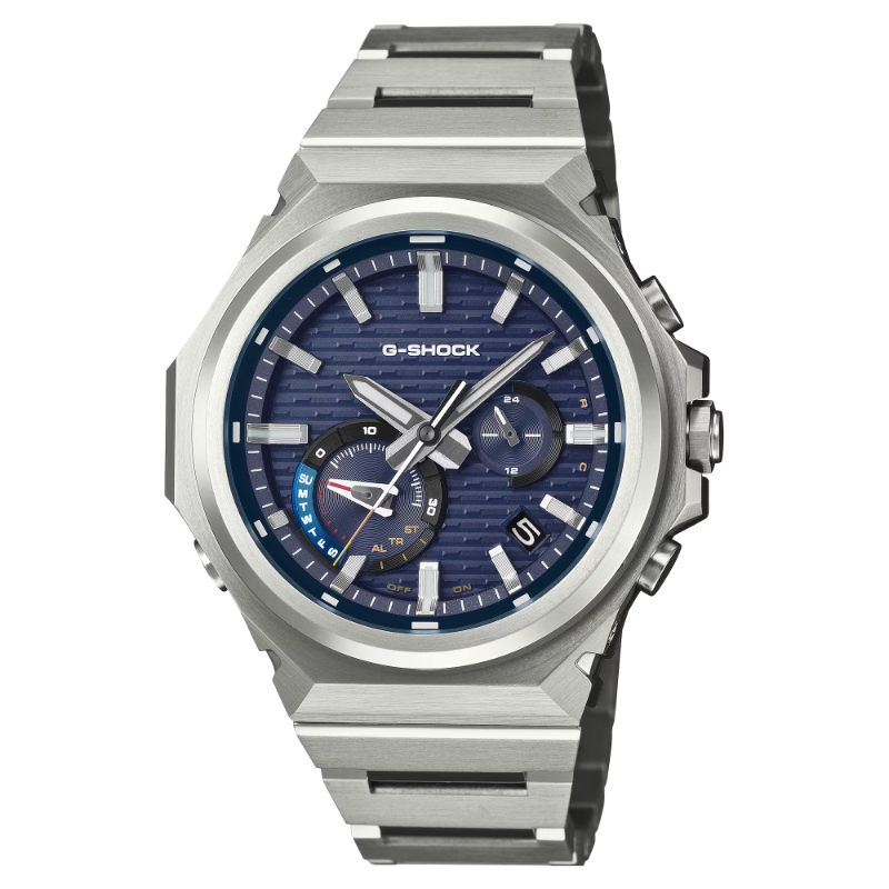 CASIO G-SHOCK ANALOGUE SOLAR ROUND BLUE DIAL WATCH STAINLESS LINK BRACELET