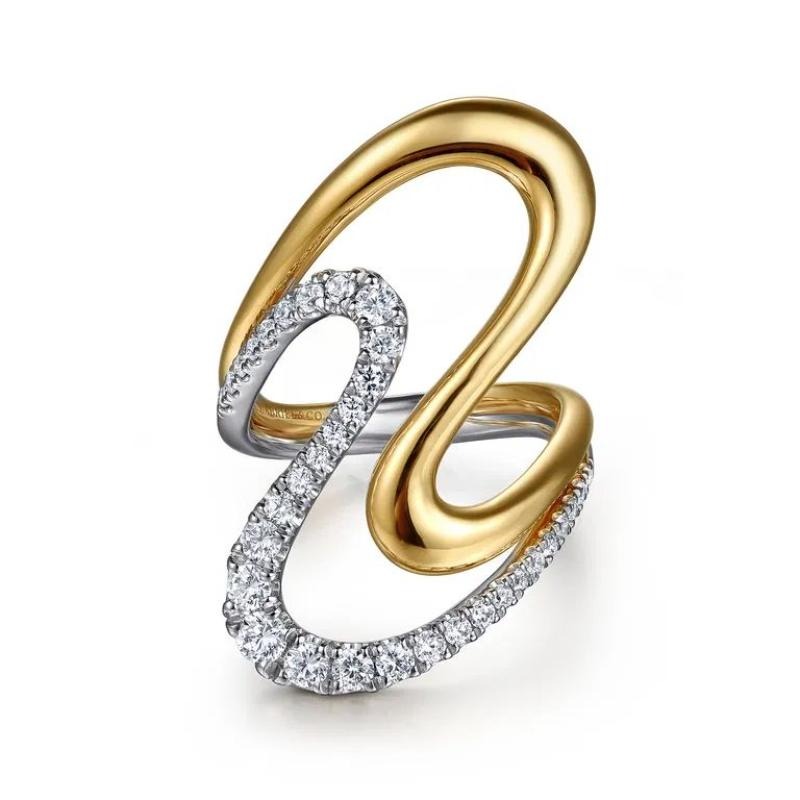 GABRIEL & CO 14K WHITE AND YELLOW GOLD GRADUATING DIAMOND TWISTED RING CONTEMPOR. COLLECTION SI DIA-0.76 SIZE 6.5