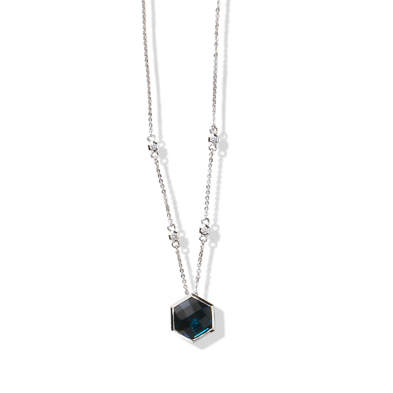 14K Solid Gold Natural White Diamond London Blue Topaz Necklace