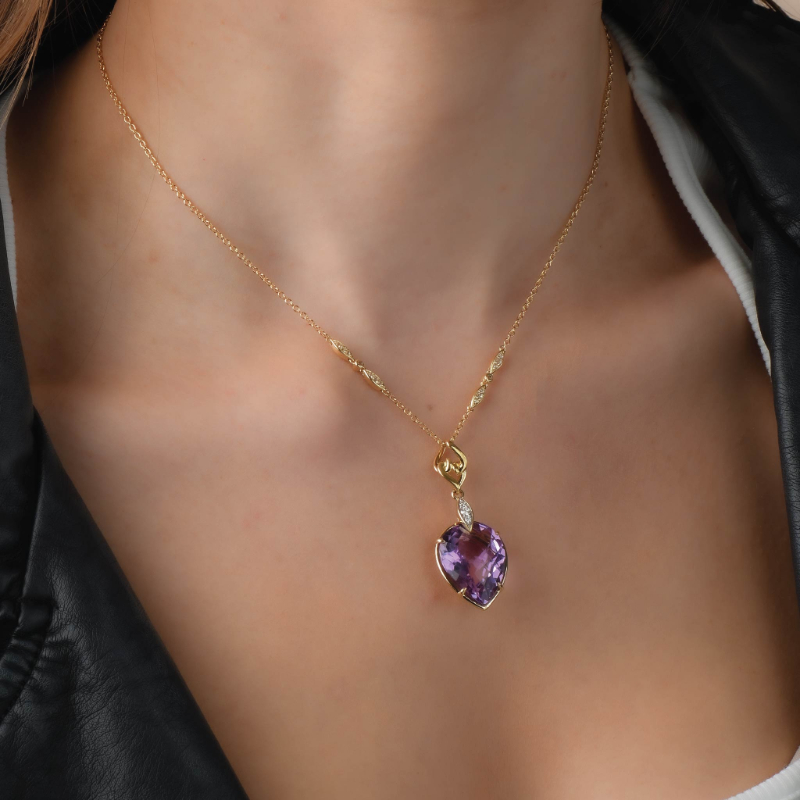 18K Solid Gold Natural White Diamond Amethyst Necklace