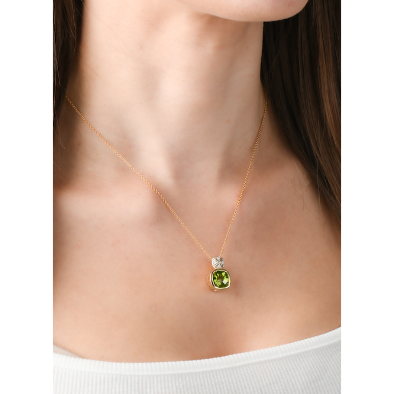 18K Solid Gold Natural White Diamond Peridot Dangle Necklace