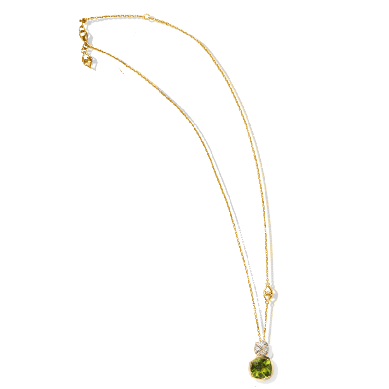 18K Solid Gold Natural White Diamond Peridot Dangle Necklace