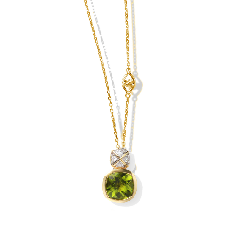 18K Solid Gold Natural White Diamond Peridot Dangle Necklace
