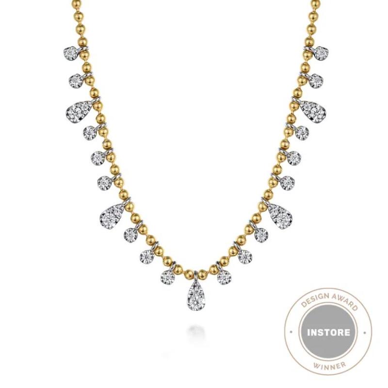 GABRIEL & CO 14K WHITE AND YELLOW GOLD DIAMOND BUJUKAN COLLECTION DROPLET. NECKLACE SI DIA-0.51, SIZE 16