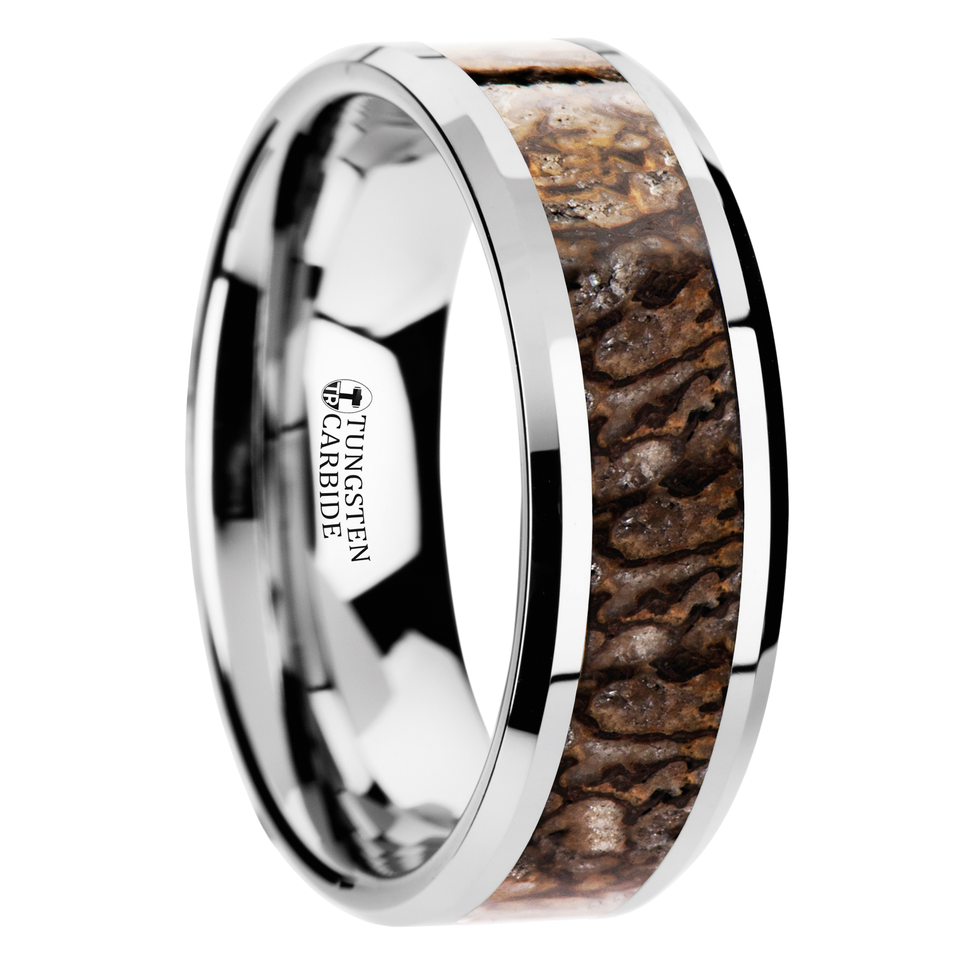 ORDOVICIAN Dinosaur Bone Inlaid Tungsten Carbide Beveled Edged Ring - 4mm & 8mm