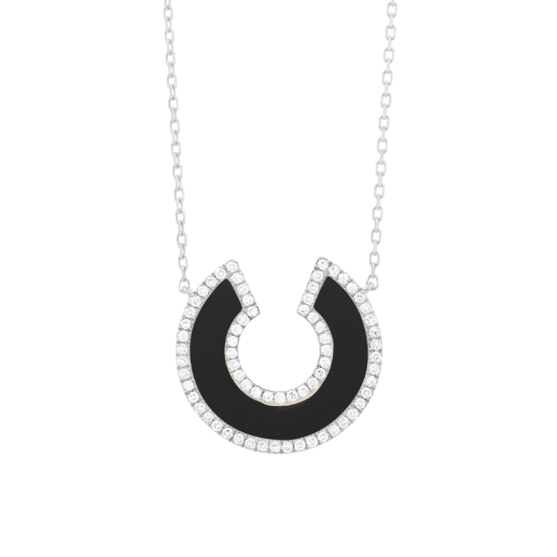 14K WHITE GOLD HORSESHOE SHAPE ONYX PENDANT WITH .20CTTW ROUND SI CLARITY & GH COLOR DIMONDS ON  17/18