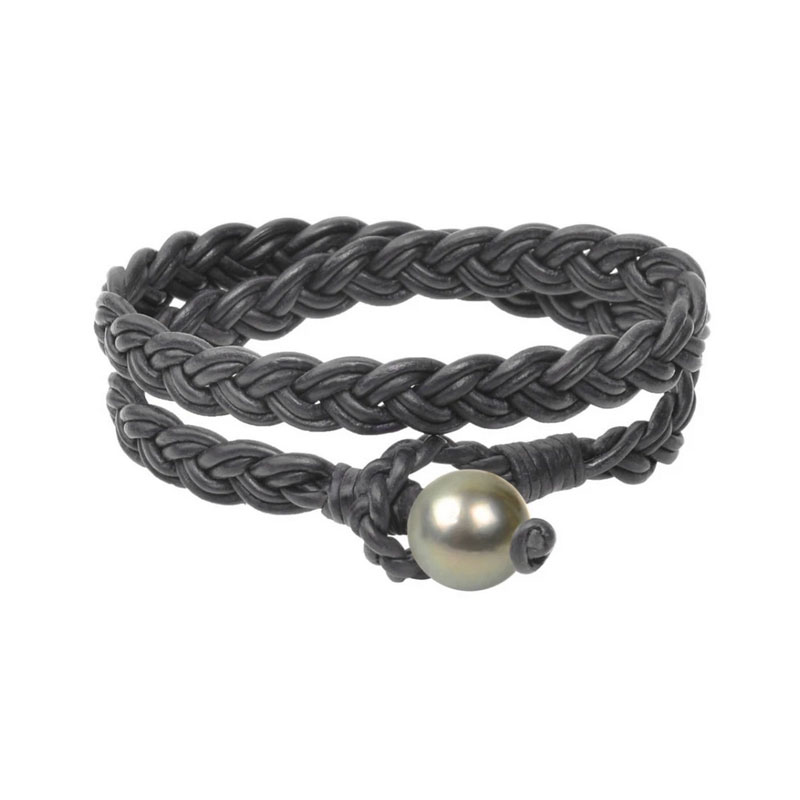 VINCENT PEACH "LAGOS" FLAT BRAID DOUBLE WRAP PREMUIM LEATHER BRACELET WITH A TAHITIAN PEARL