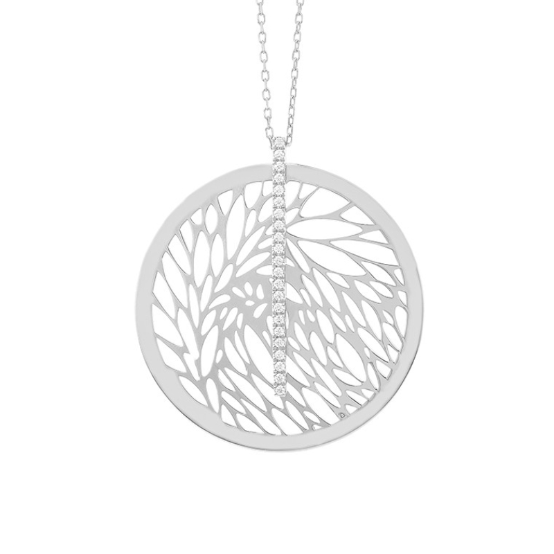 14K WHITE GOLD OPEN LEAF DESIGN SPINNER DISC PENDANT WITH A .12CTTW ROUND SI CLARITY & GH COLOR DIAMONDS ON A 16/17/18