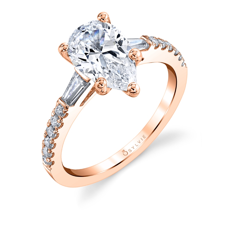 Pear Shaped Three Stone Engagement Ring with Baguettes - Leigh Ann