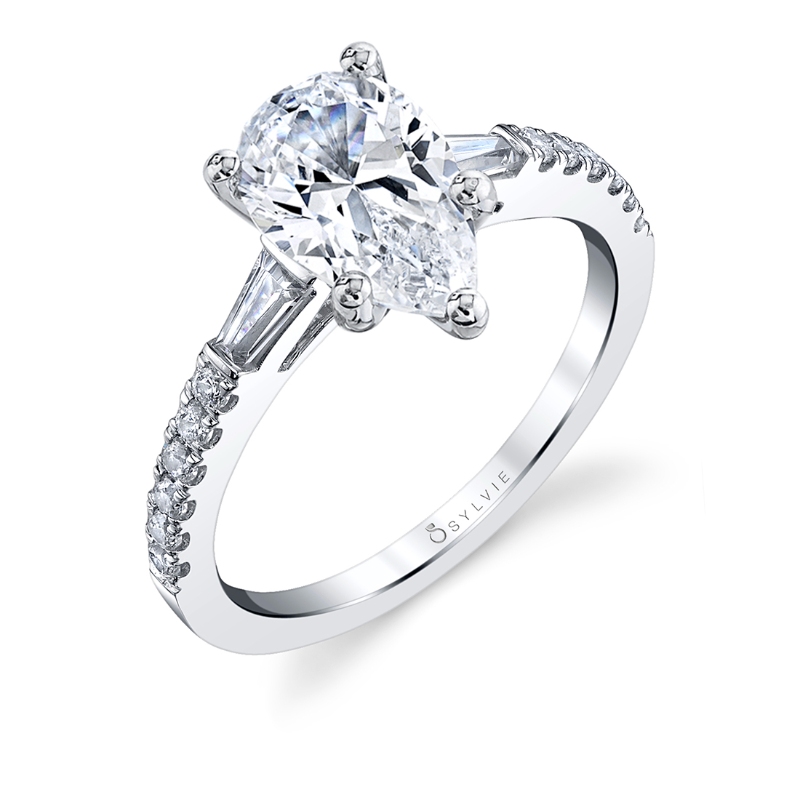 Pear Shaped Three Stone Engagement Ring with Baguettes - Leigh Ann
