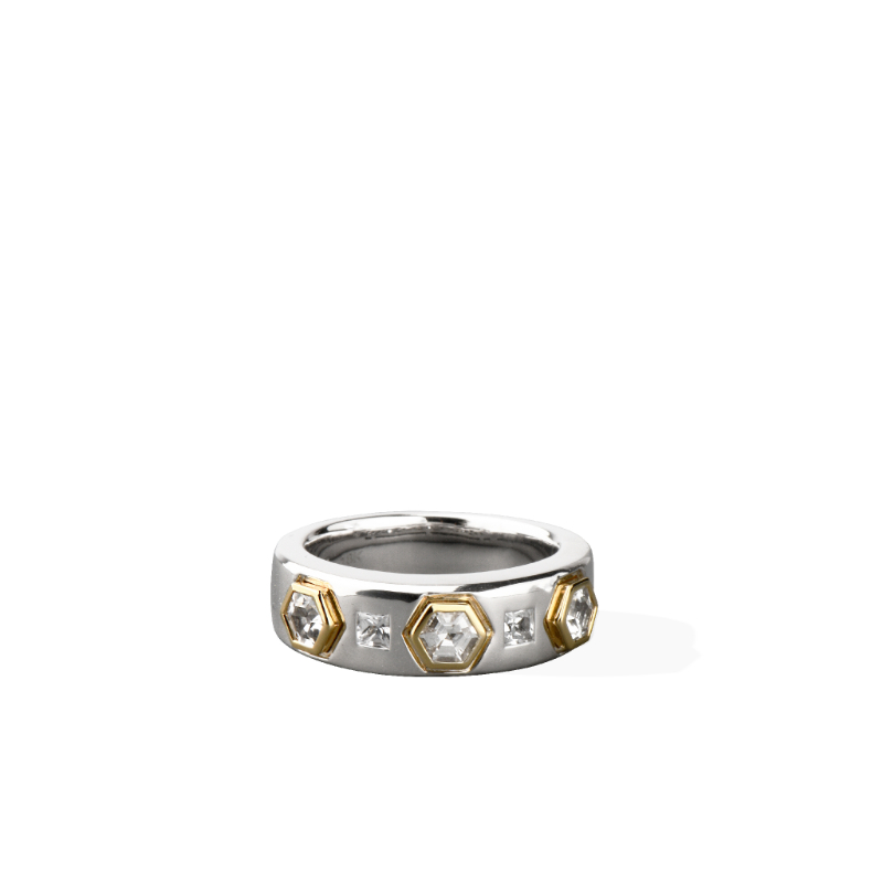 Sterling Silver 18K Solid Gold White Sapphire Modern Love Band Ring