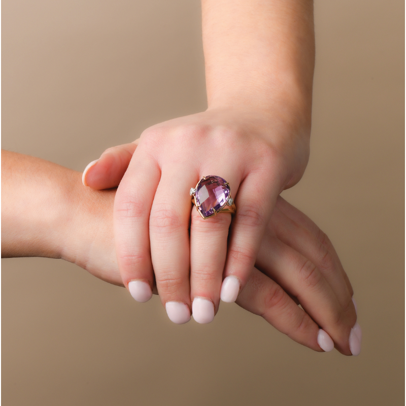 18K Solid Gold Natural White Diamond Amethyst Ring