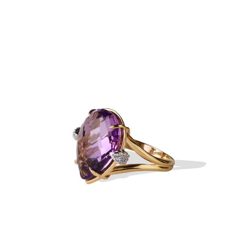 18K Solid Gold Natural White Diamond Amethyst Ring