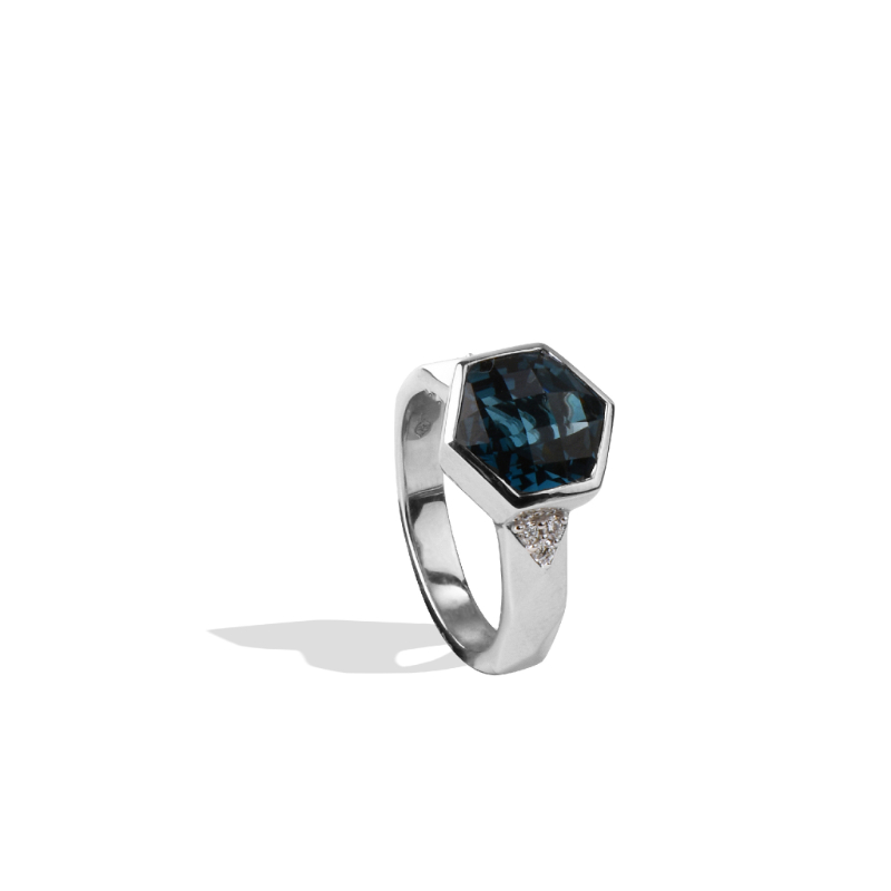 18K Solid Gold Natural White Diamond London Blue Topaz Ring