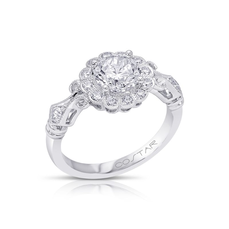 14K White Gold Semi Mount Round Halo Engagement Ring