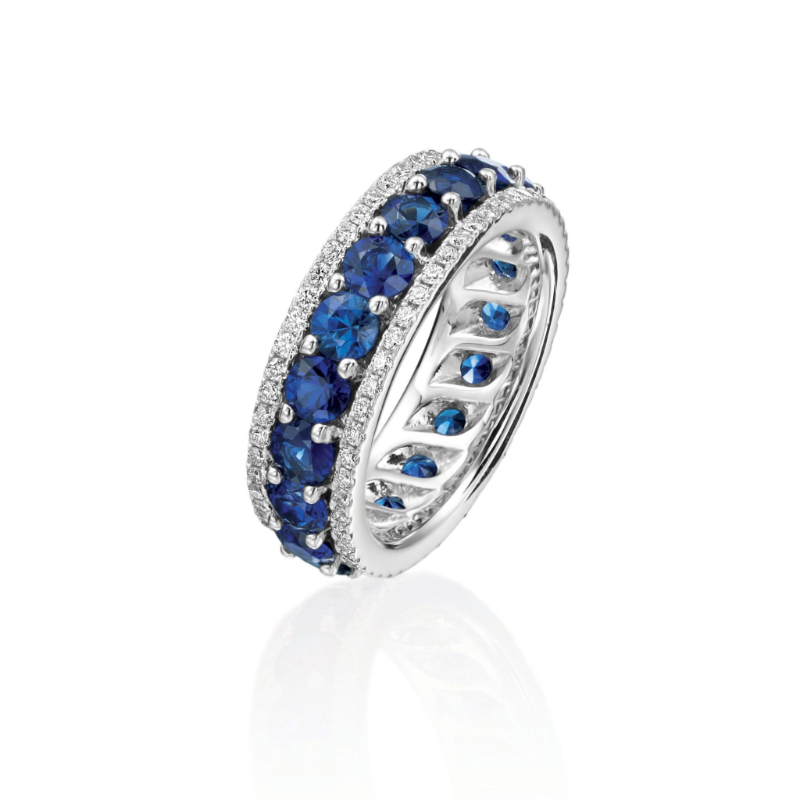 Gold Sapphire And Diamond Three Row Eternity Band Ring