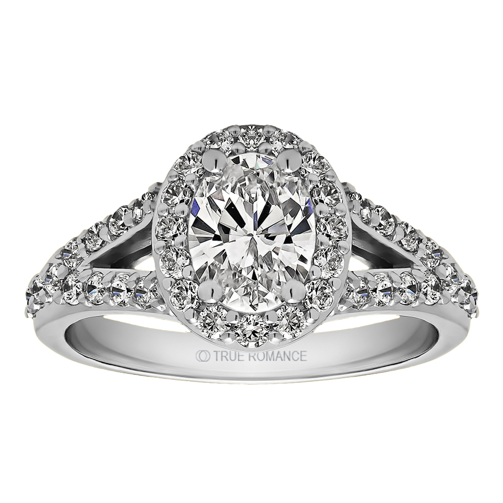 Oval Cut Split Shank Halo Diamond Engagement Ring