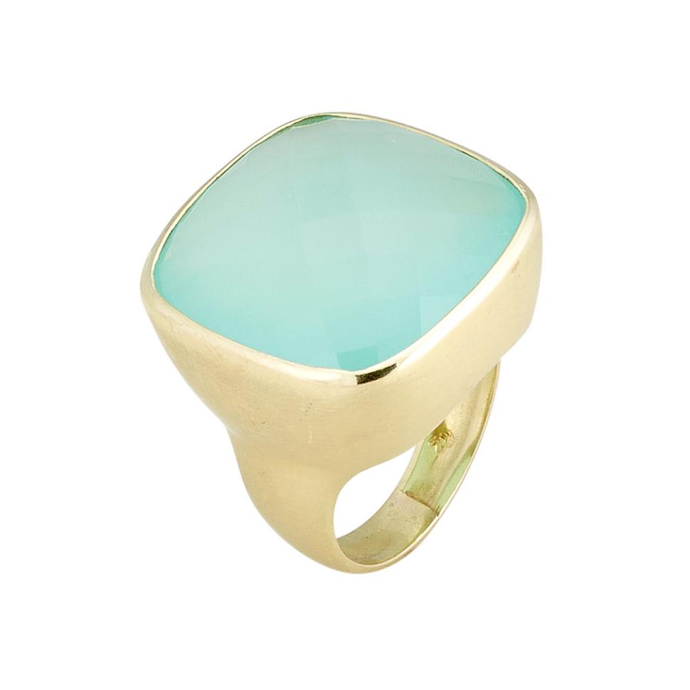 14kt Yellow Gold Matte Textured Checkerboard Blue Green Chalcedony Ring