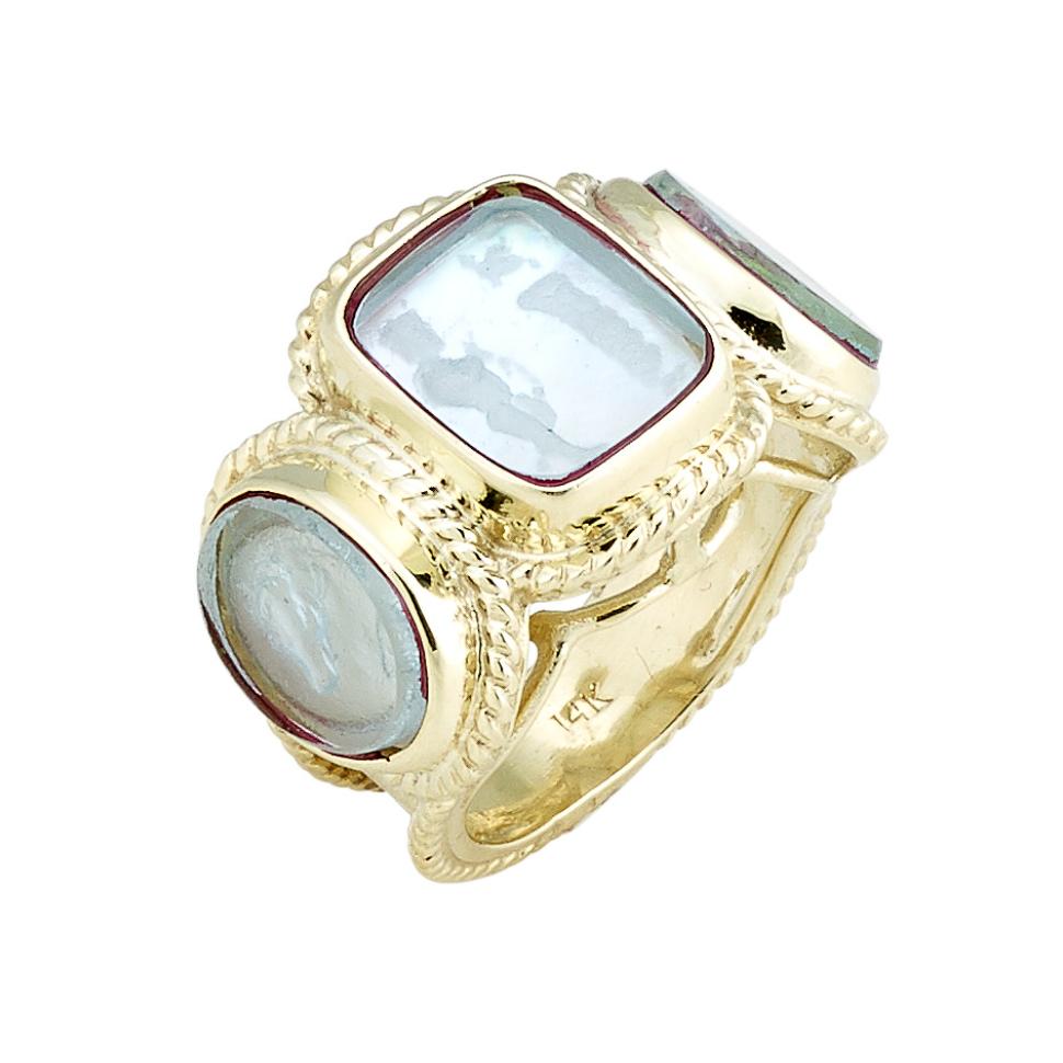 14kt Yellow Gold Aqua Color Venetian Glass Horse and Oedipus with Sphinx Ring