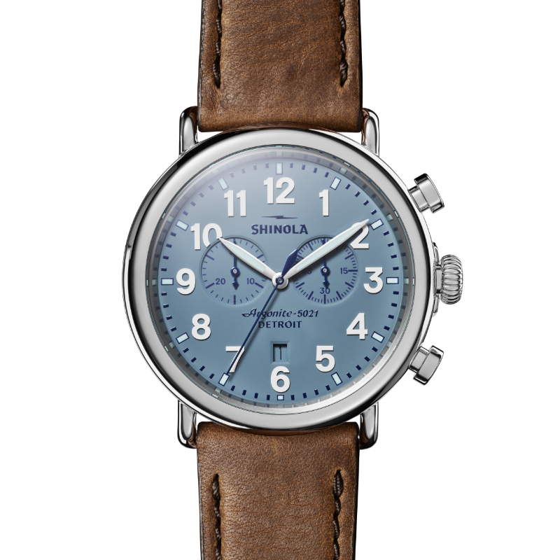 SHINOLA 47MM RUNWELL 2 EYE CHRONO SLATE BLUE DIAL  24MM BRITISH TAN LEATHER STRAP POLISHED SHINY STEEL CASE WATCH SERIAL #S0100901225