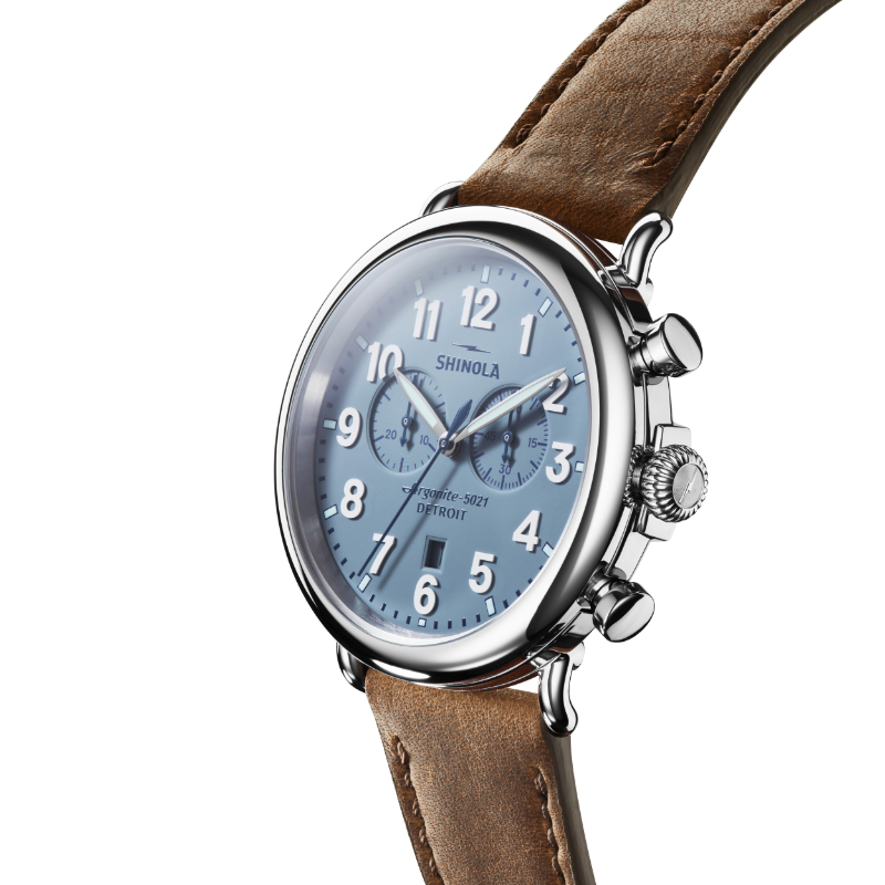 SHINOLA 47MM RUNWELL 2 EYE CHRONO SLATE BLUE DIAL  24MM BRITISH TAN LEATHER STRAP POLISHED SHINY STEEL CASE WATCH SERIAL #S0100901225