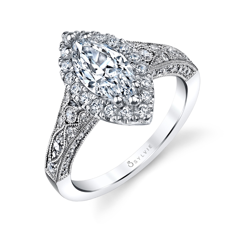 Marquise Cut Modern Vintage Halo Engagement Ring - Cheri