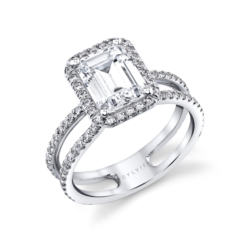 Emerald Cut Classic Halo Split Shank Engagement Ring - Dana