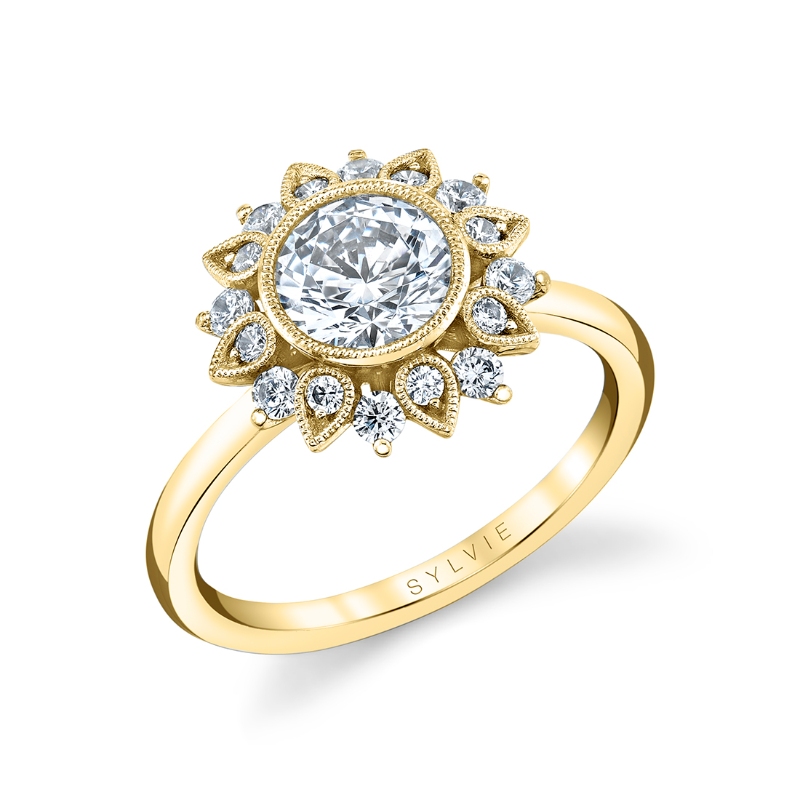 Round Cut Solitaire Floral Halo Engagement Ring - Carrie