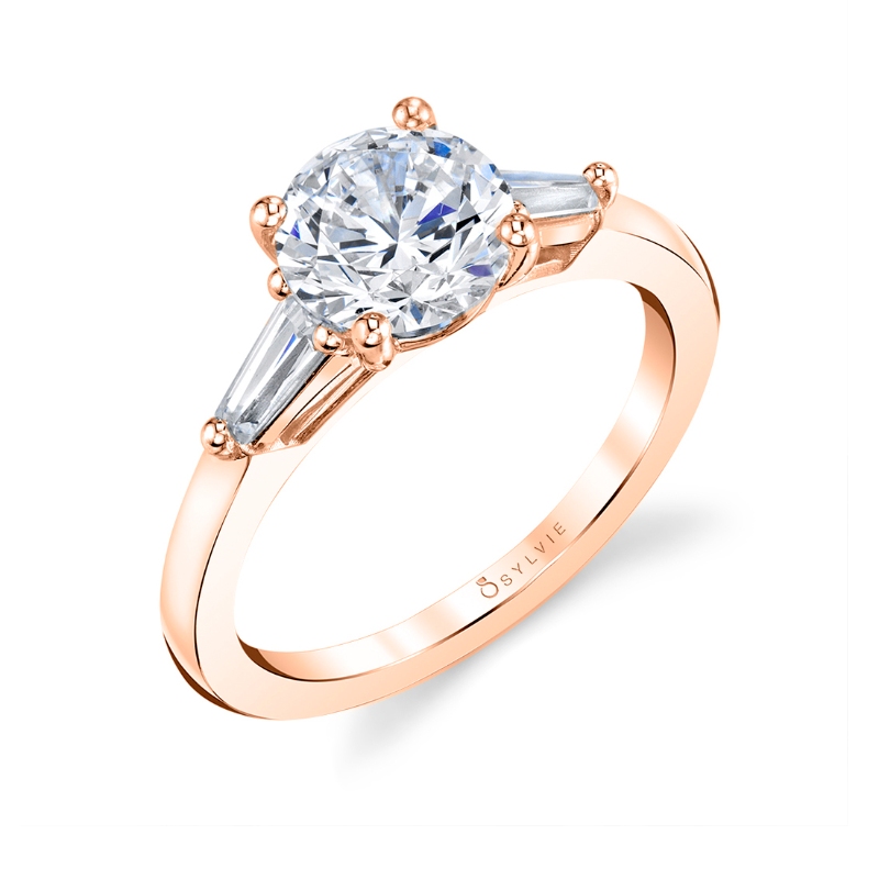 Round Cut Three Stone Engagement Ring with Baguettes - Nicolette